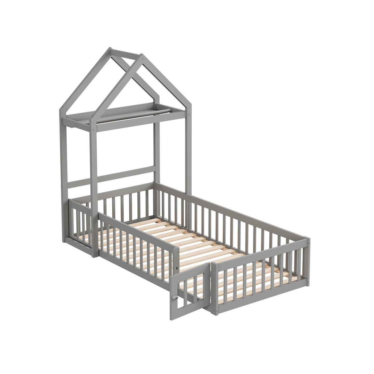 HAUSBETT 90/200 cm grau mit Stauraum und Vollschutzgitter - Grau, Holz (90/200cm) - OKWISH