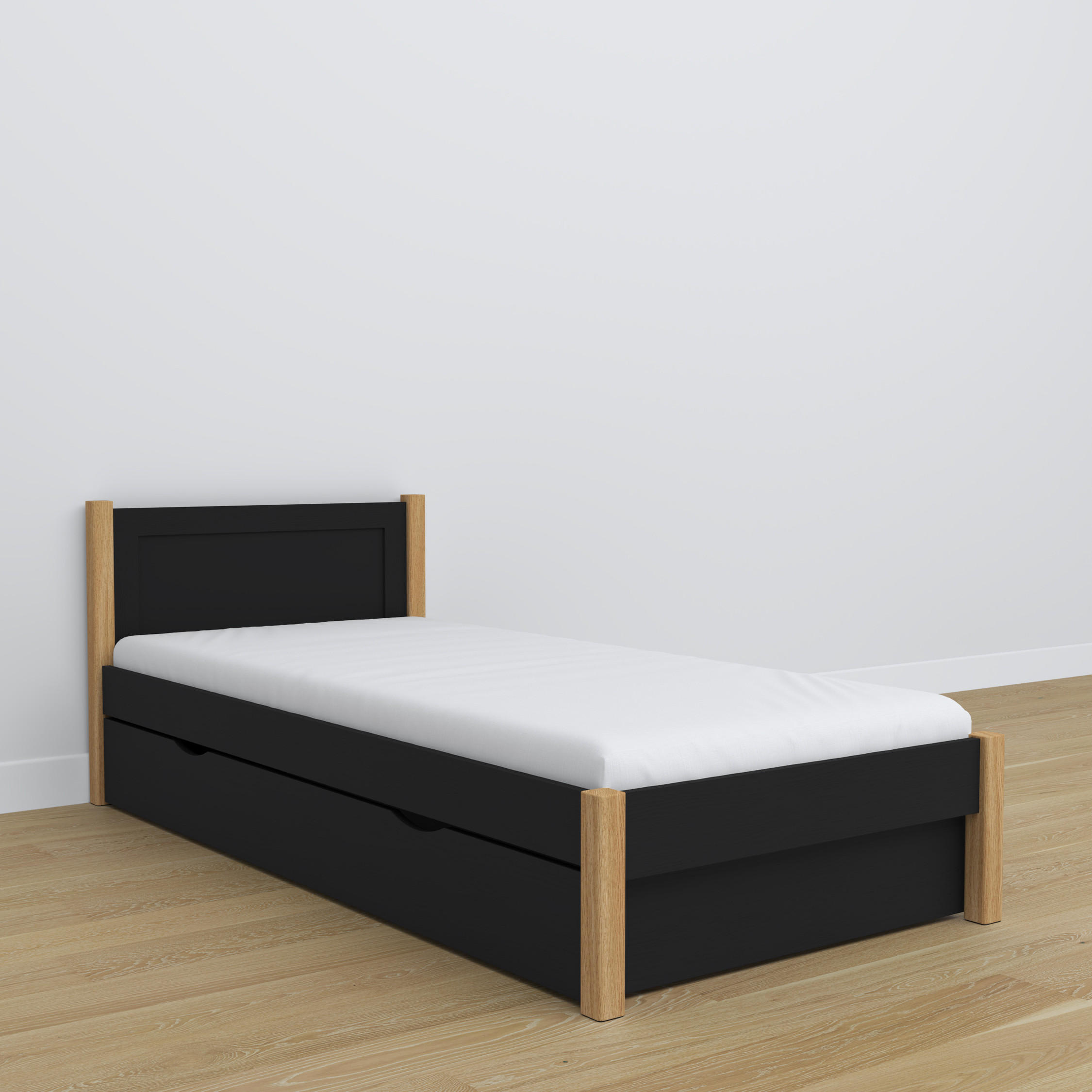 BETT mit Schublade N02 Schwarz / Eiche Natur 80/190 - Schwarz/Eiche Artisan, Naturmaterialien/Holz (80/190cm) - N-Wood