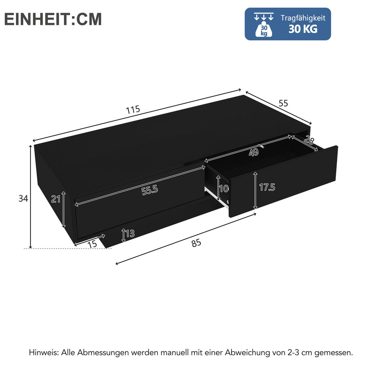 COUCHTISCH DE-185 Schwarz mit LED und 2 Schubladen - Schwarz, Holzwerkstoff (55/115/34cm) - ComfortXL