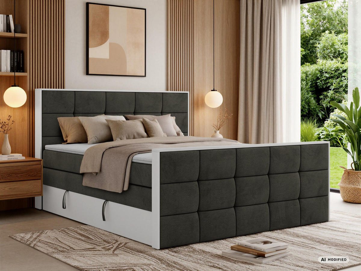 BOXSPRINGBETT ALVIT KING DUO 200/200 - Dunkelgrau Velvet - Topper Visco - H3 - Dunkelgrau/Anthrazit, Kunststoff/Textil (200/200cm) - MKS
