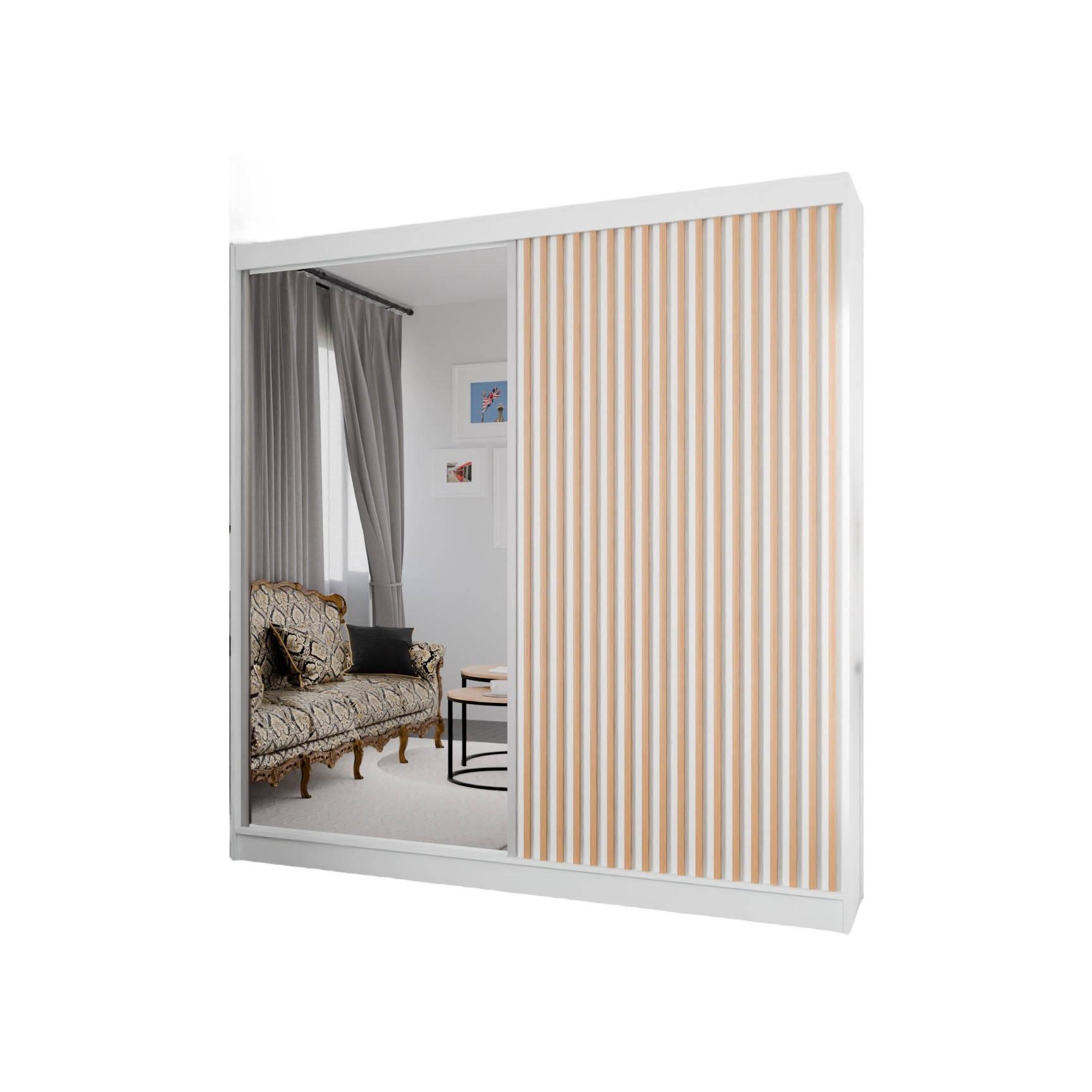 SCHWEBETÜRENSCHRANK Lili 200 cm mit Lamellen und Spiegel 2-türig, weiß, Lamelle wotan - Eiche Wotan/Weiß, Kunststoff (200/215/61cm) - Margaret Hadas24
