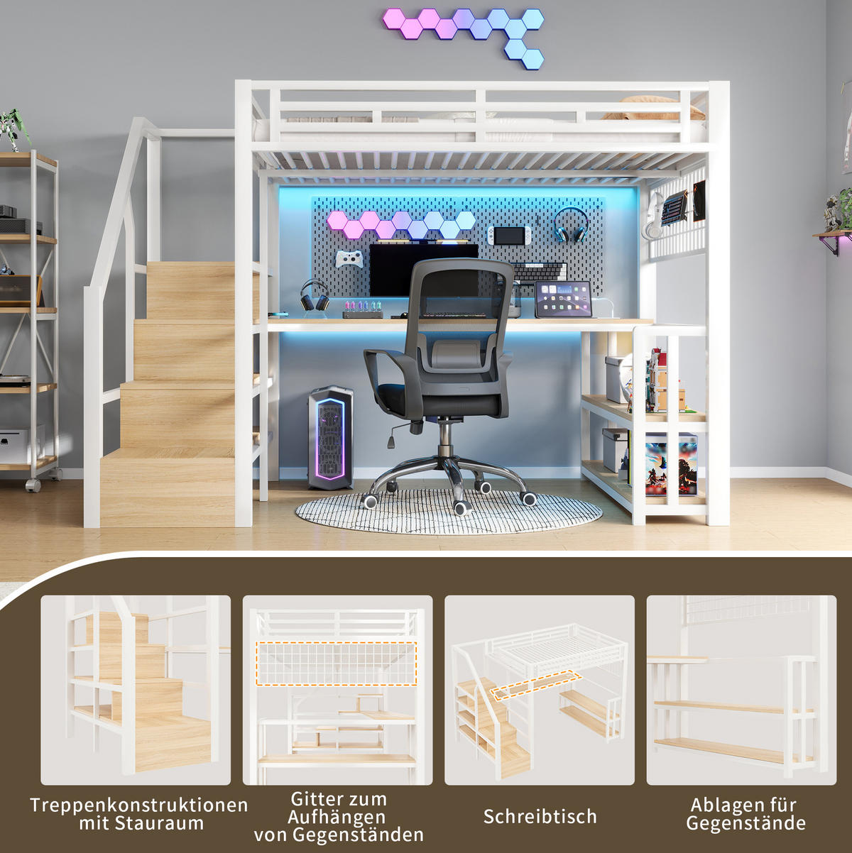 HOCHBETT aus Metall und MDF 140x200 cm Weiß mit LED-Lichtleiste, Schreibtisch, Stauraumtreppe und USB/Typ-C - Weiß, Metall (140/200cm) - Modfu