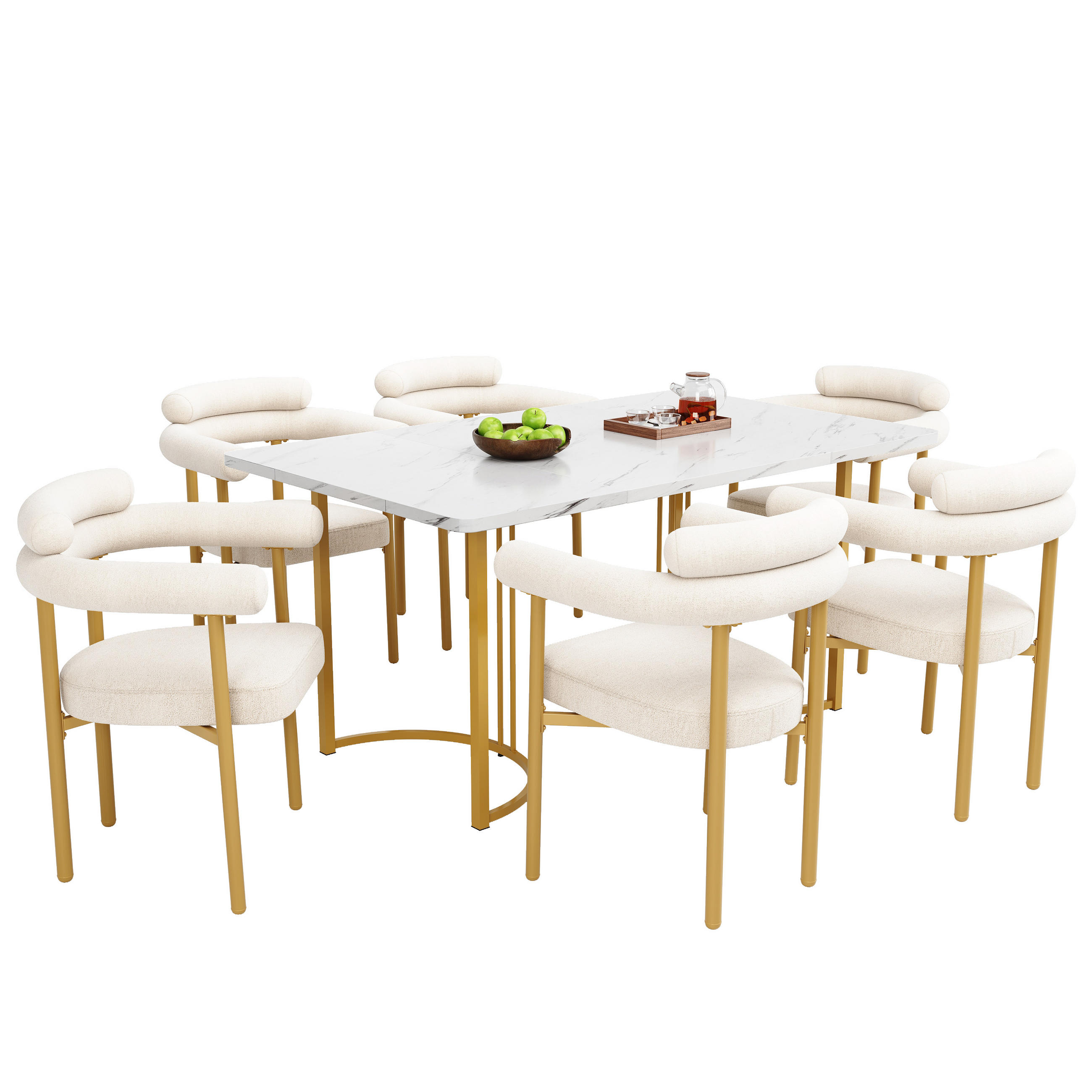 ESSTISCHSET 7-Teilig Mit Metallbeinen, 6 Creme Wildledersessel, Gold - Multicolor, Metall (140/75/80cm) - FLIEKS