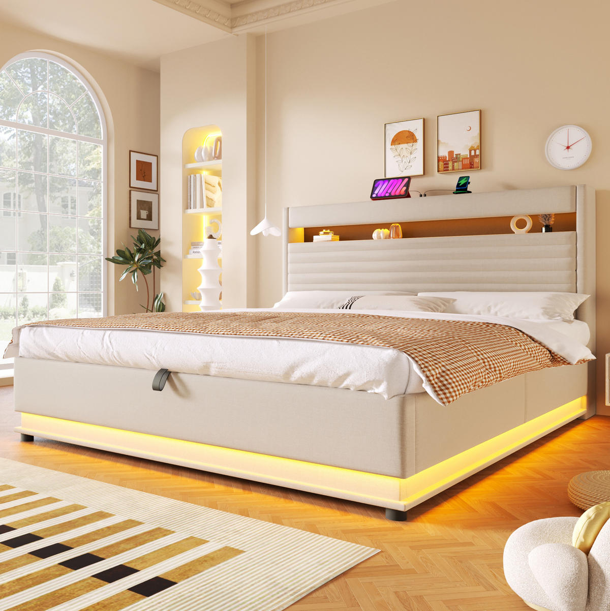 POLSTERBETT 180/200 cm aus Leinen mit LED-Beleuchtung und Stauraum Beige - Beige, Textil (180/190cm) - Modenvie