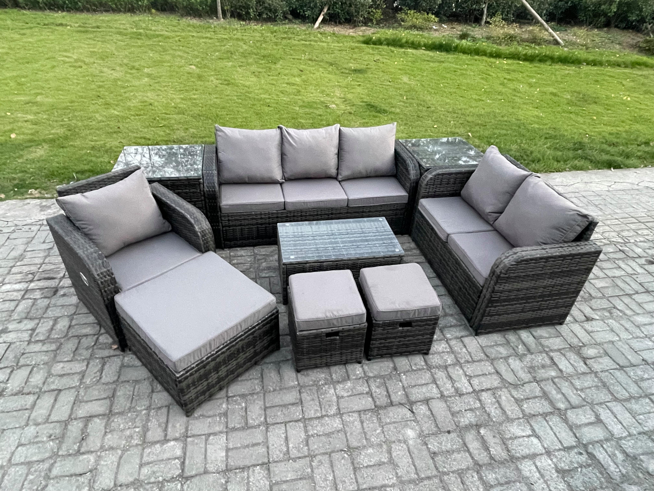 GARTENSET Polyrattan Dunkelgrau 6-Sitzer - Dunkelgrau/Grau, Glas/Kunststoff - Fimous