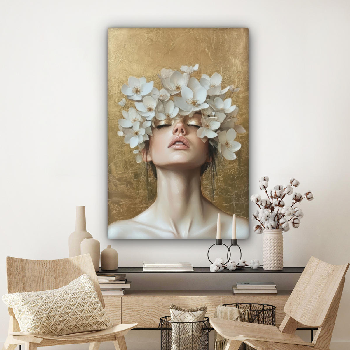 LEINWANDBILD Gesicht - Blumen - Gold - Abstrakt Deko Groß 90x140 cm - Goldfarben, Textil (90/140cm) - MuchoWow