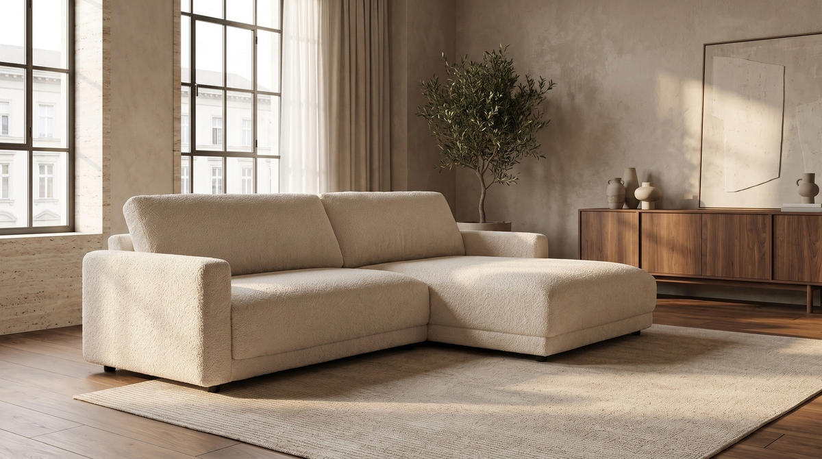 ECKSOFA MARLIN Beige Bouclé - Beige/Schwarz, Kunststoff/Textil (262/168cm) - KAWOLA