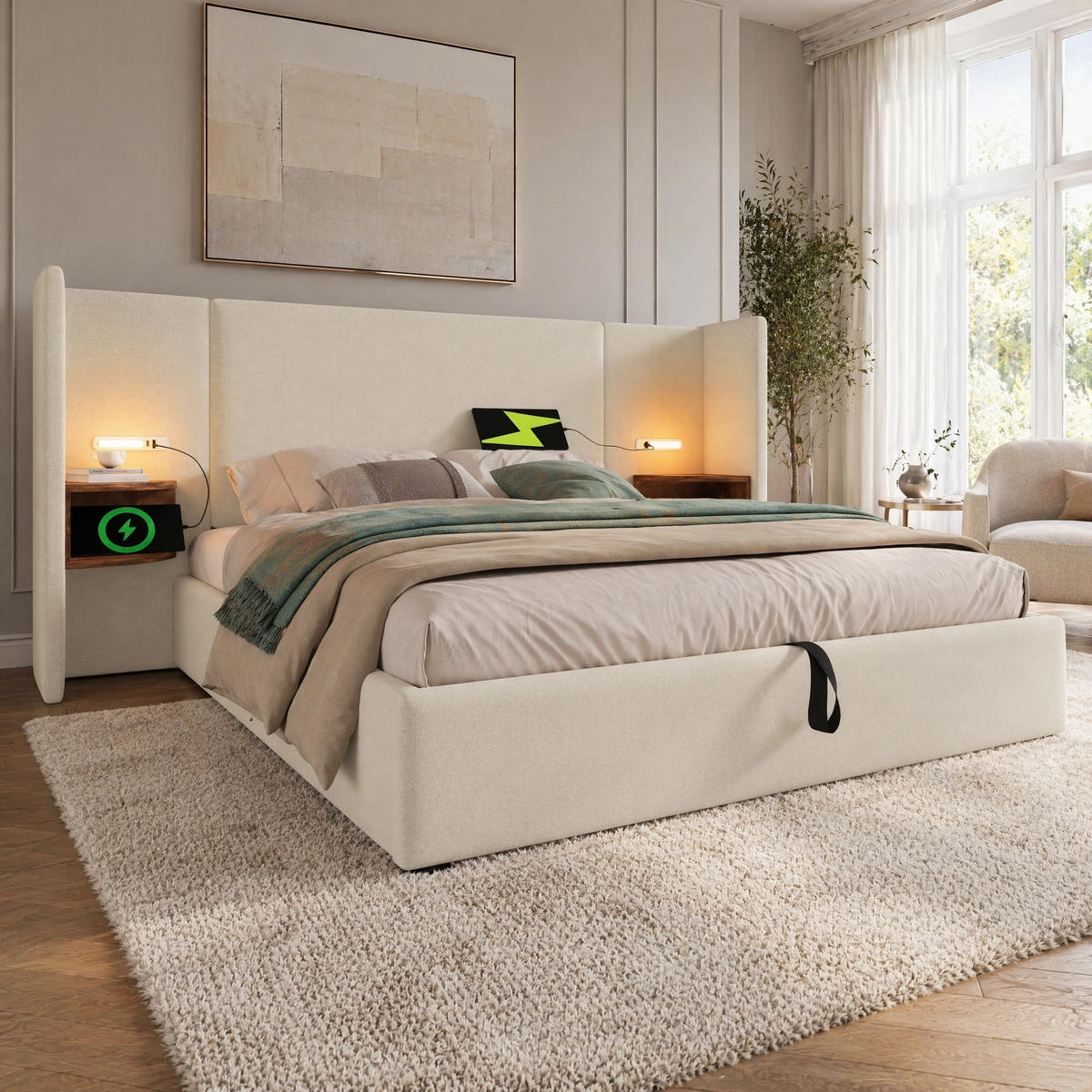 POLSTERBETT 180/200 mit Bettkasten, Leselampe und USB-C in Beige - Beige, Holzwerkstoff/Textil (180/200cm) - EVRYAE