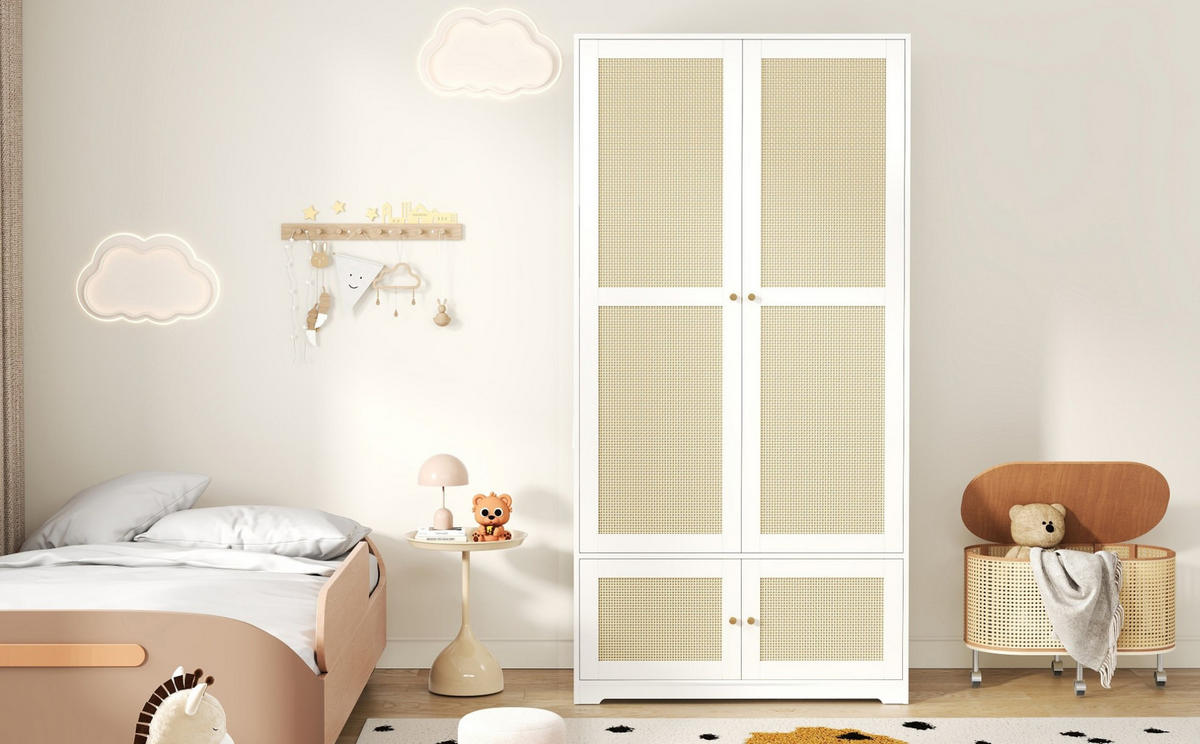 KLEIDERSCHRANK 90/180/48 cm Weiß aus MDF mit Rattantüren - Weiß, Holzwerkstoff (48/180/90cm) - OKMYHOME