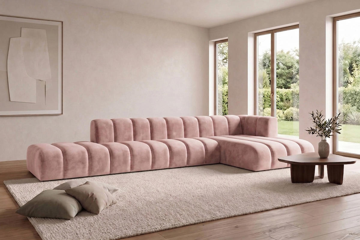 ECKSOFA Modulares In L-Form Mit Hocker, Velvet-Stoff Riviera, Hellrosa, Rechts, GRAND - Hellrosa, Holz (386/179cm) - Kaiser Möbel