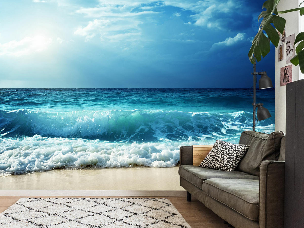 FOTOTAPETE Strand Meer Wellen Landschaft 3D 180x120cm - Blau/Beige, Papier (180/120cm) - Muralo