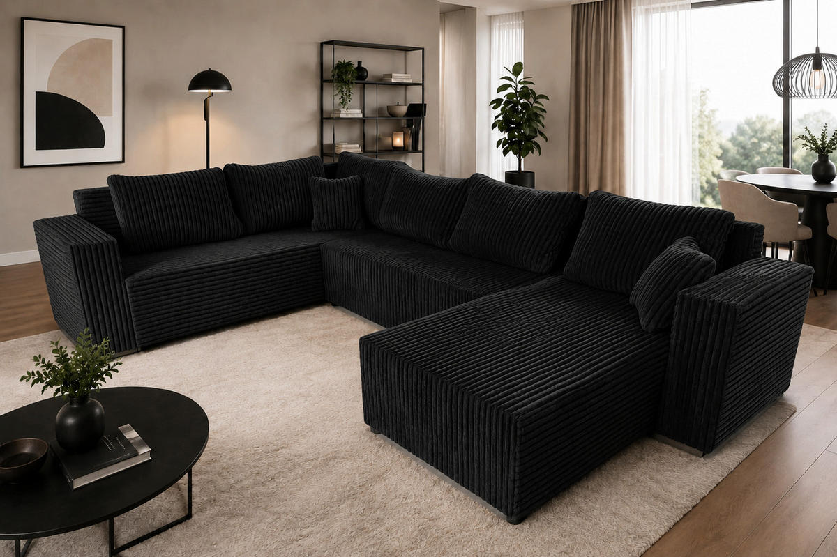 WOHNLANDSCHAFT Stylo U-Form mit Schlaffunktion & Bettkasten – Ecksofa in Cord Tilia – Breite 315 cm Schwarz - Schwarz, Kunststoff (314/90/215cm) - Wohnideebilder