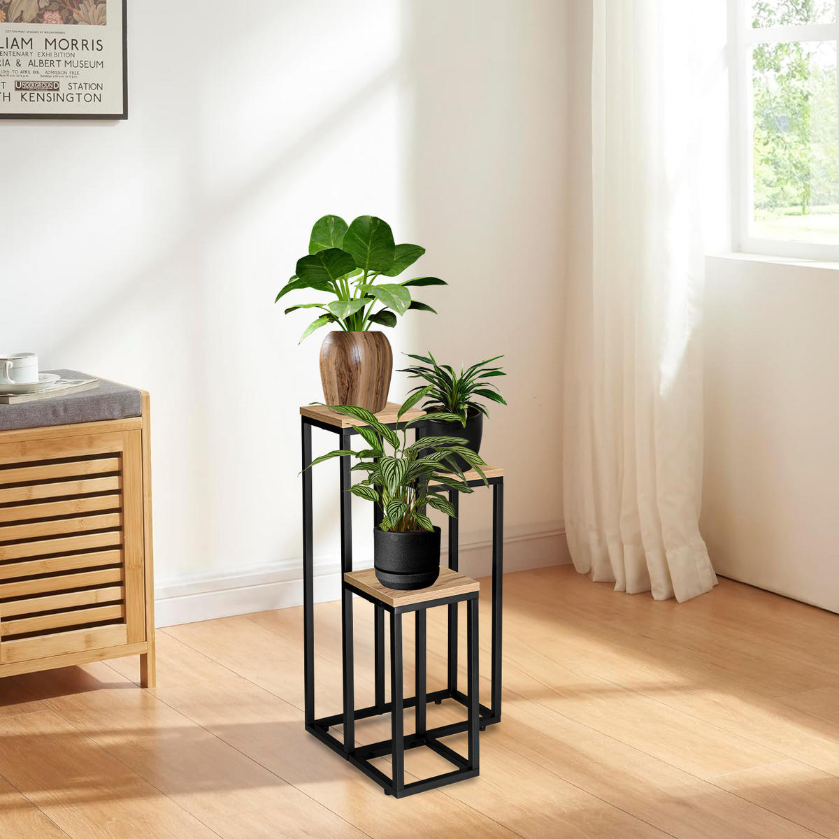 BLUMENSTÄNDER mit 3 Ablagen - Eichefarben, Metall (34/34/67cm) - Mat-Haus