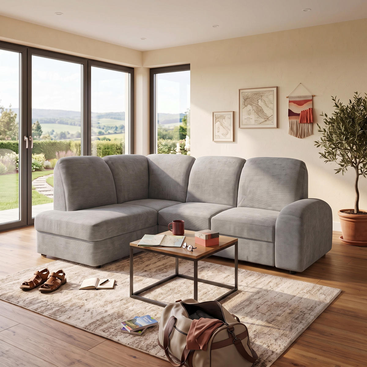 ECKSOFA VIBE L Links mit Schlaffunktion 129x205 Chenille Grau - Schwarz/Grau, Holz/Kunststoff (186/250cm) - Muffo