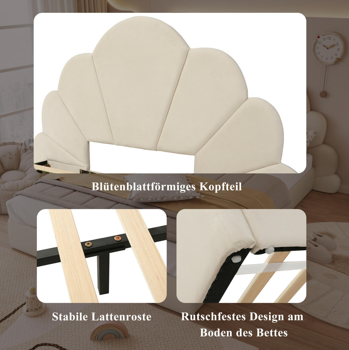 SAMT-POLSTERBETT 140/200 cm in Beige mit floralem Kopfteil - Beige, Textil (140/200cm) - BEAOK