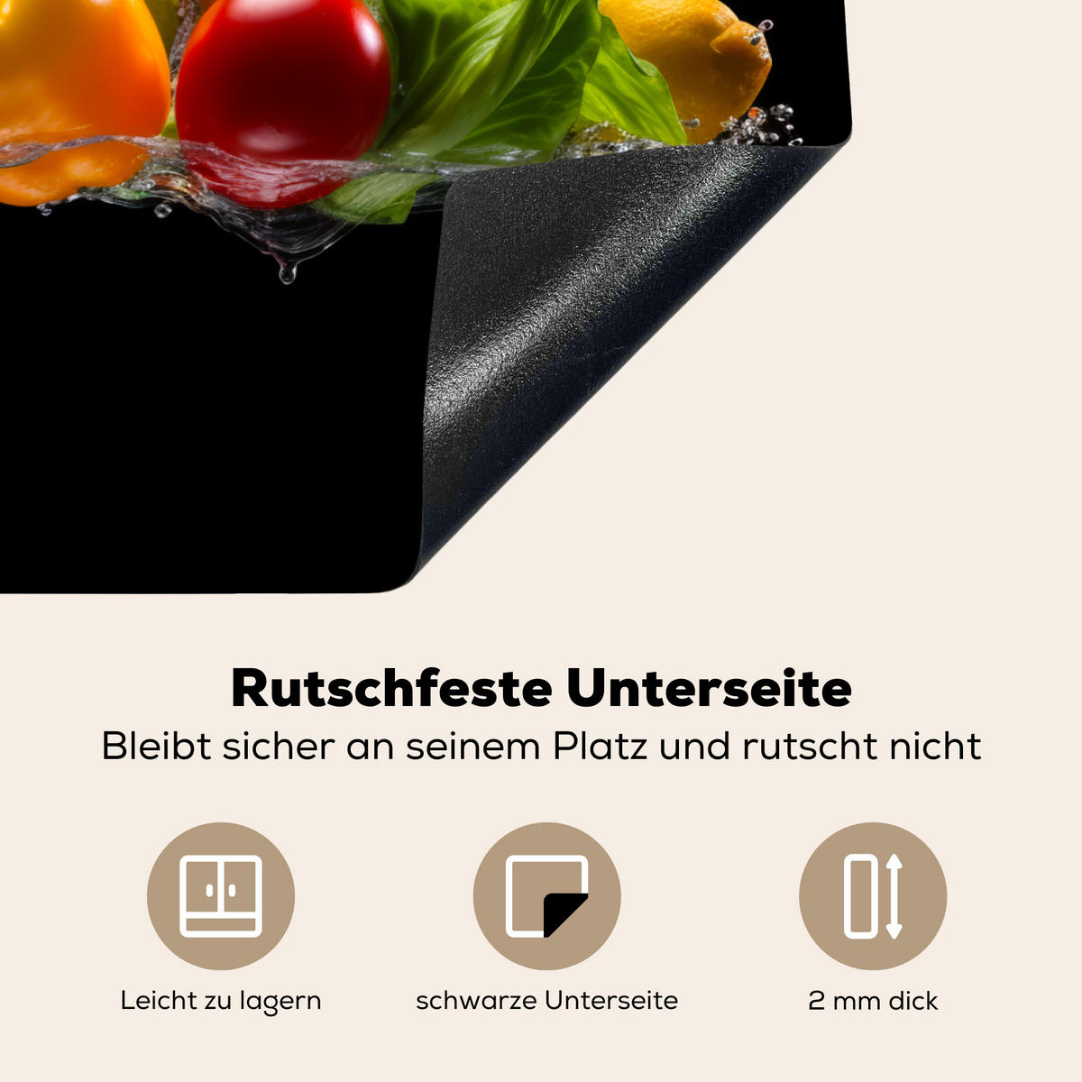 HERDABDECKPLATTE Paprika - Wasser - Gemüse - Schwarz Herdabdeckung Induktionsfeld 70x52 cm - Multicolor, Kunststoff (70/52/0.2cm) - MuchoWow
