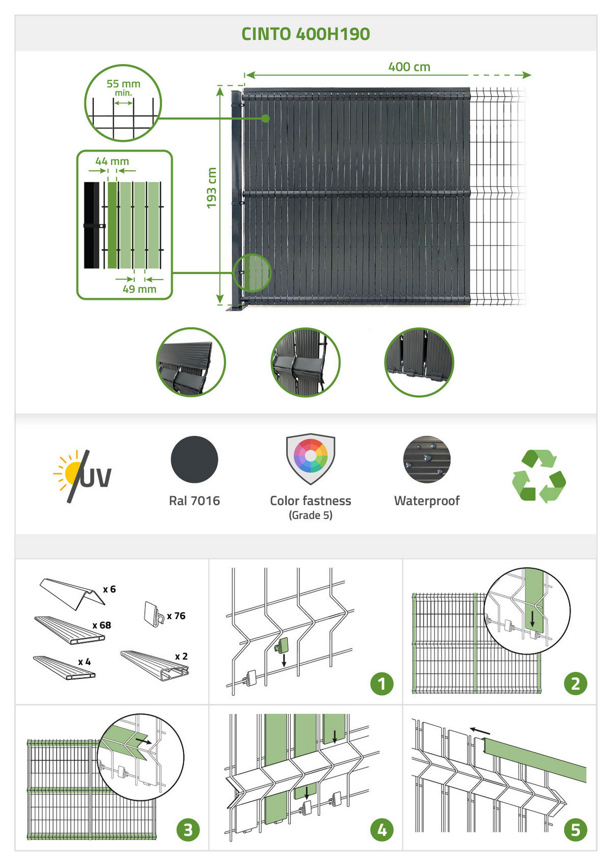 PVC-SICHTSCHUTZLAMELLEN-STEIF-SET Cinto grau 4m H.190cm - Mit clips und Endprofil - Grau, Kunststoff (400/193cm) - Casanoov