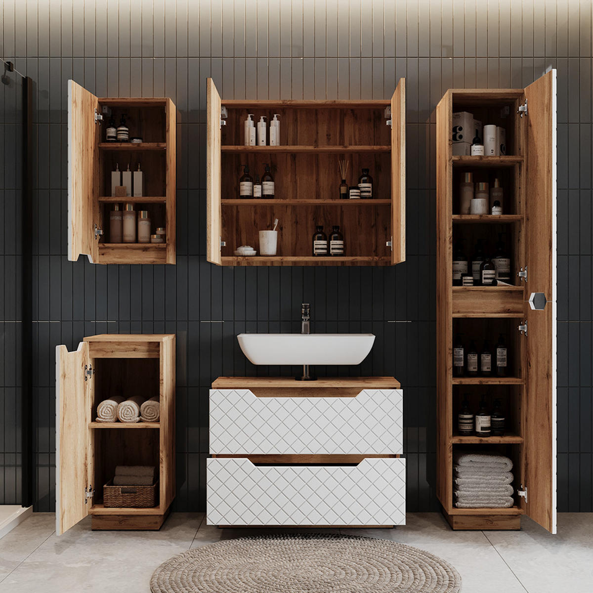 WASCHBECKENUNTERSCHRANK Lotta Eiche/Weiß mit Kachelstruktur 79.6 x 62.5 cm mit 2 Schubladen - Eichefarben/Weiß, Holzwerkstoff (79.6/62.5/32cm) - Vicco