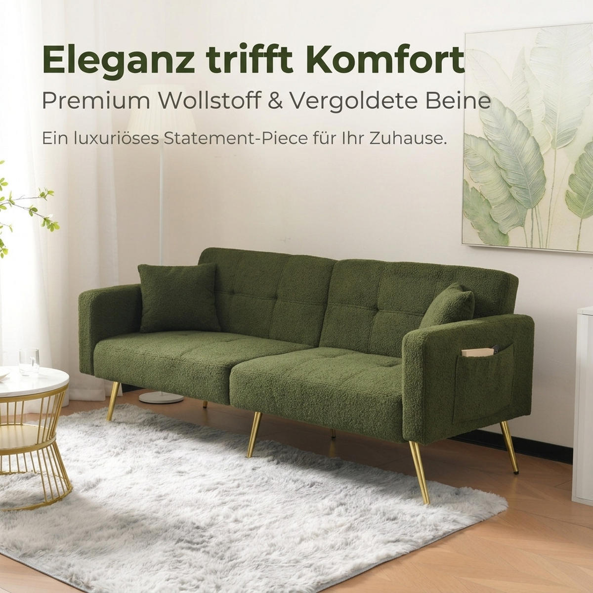 SCHLAFSOFA 175/64/72 cm Antikgrün Wollstoff mit Kissen und seitlichen Aufbewahrungstaschen - Olivgrün, Textil (64/72/175cm) - Oxeza