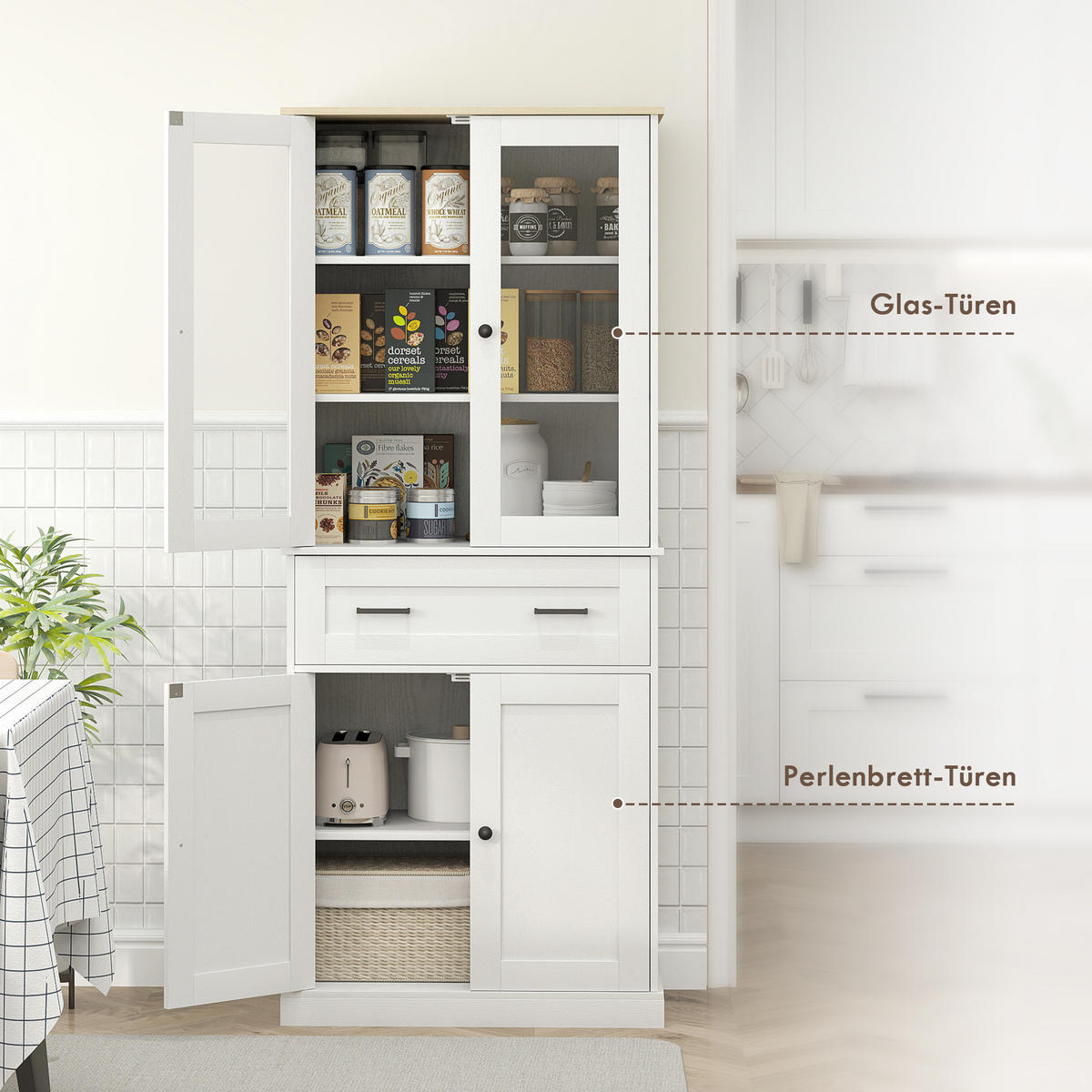 KÜCHENSCHRANK, Hochschrank mit Schublade, verstellbaren Einlegeböden, Cremeweiß - Creme/Schwarz, Holzwerkstoff/Metall (40/182.5/76cm) - HOMCOM