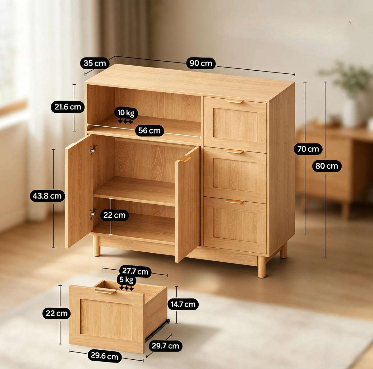 SIDEBOARD 90/35/80 cm in Holz-Optik mit Schubladen und verstellbarem Regal - Naturfarben, Holzwerkstoff (90/80/35cm) - BEAOK