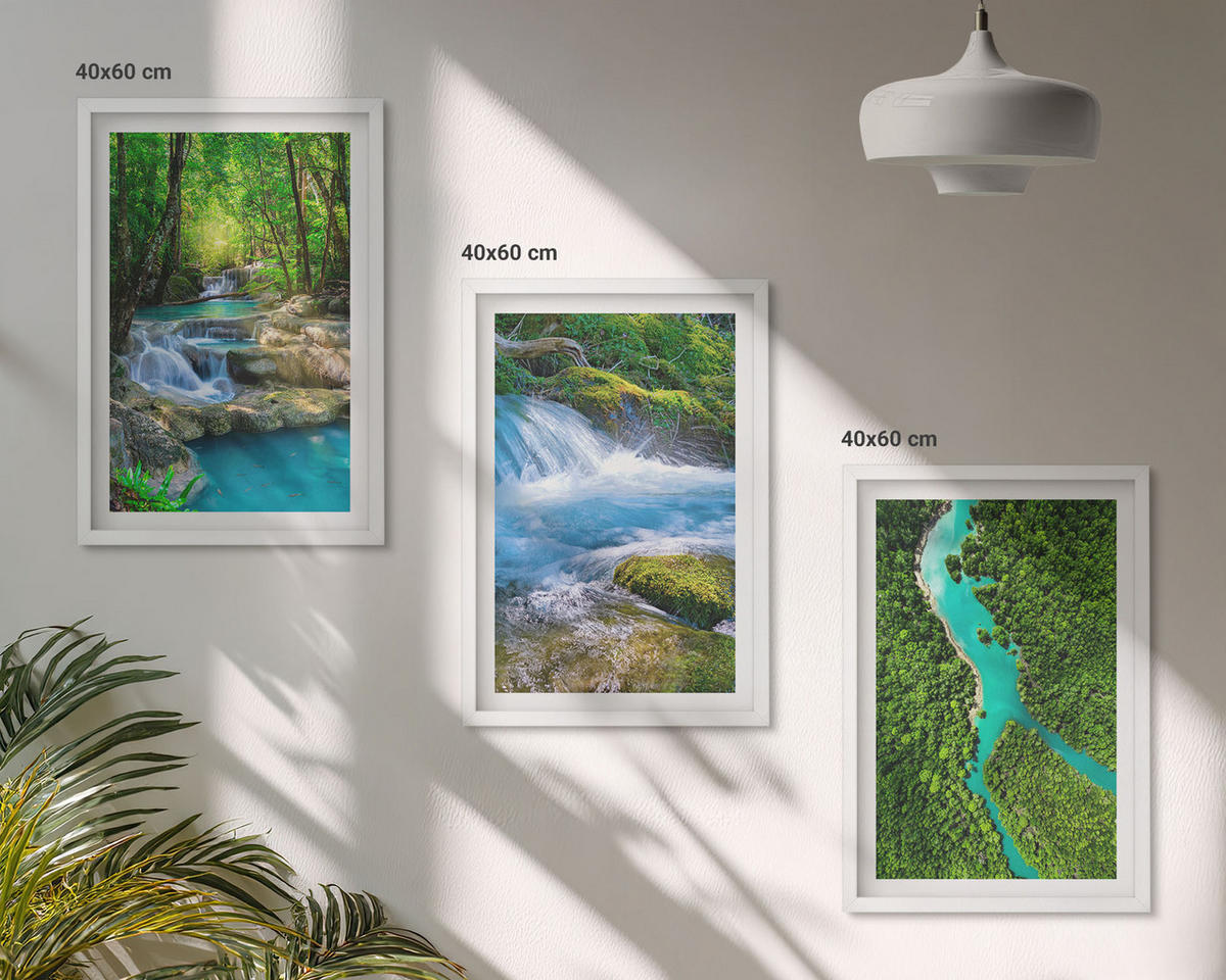 WANDBILDER 3er-Set - 40x60 cm Weißer Rahmen - Grüne Wälder, kristallklares Wasser - Weiß, Kunststoff (40/60cm) - ArtPrintCave