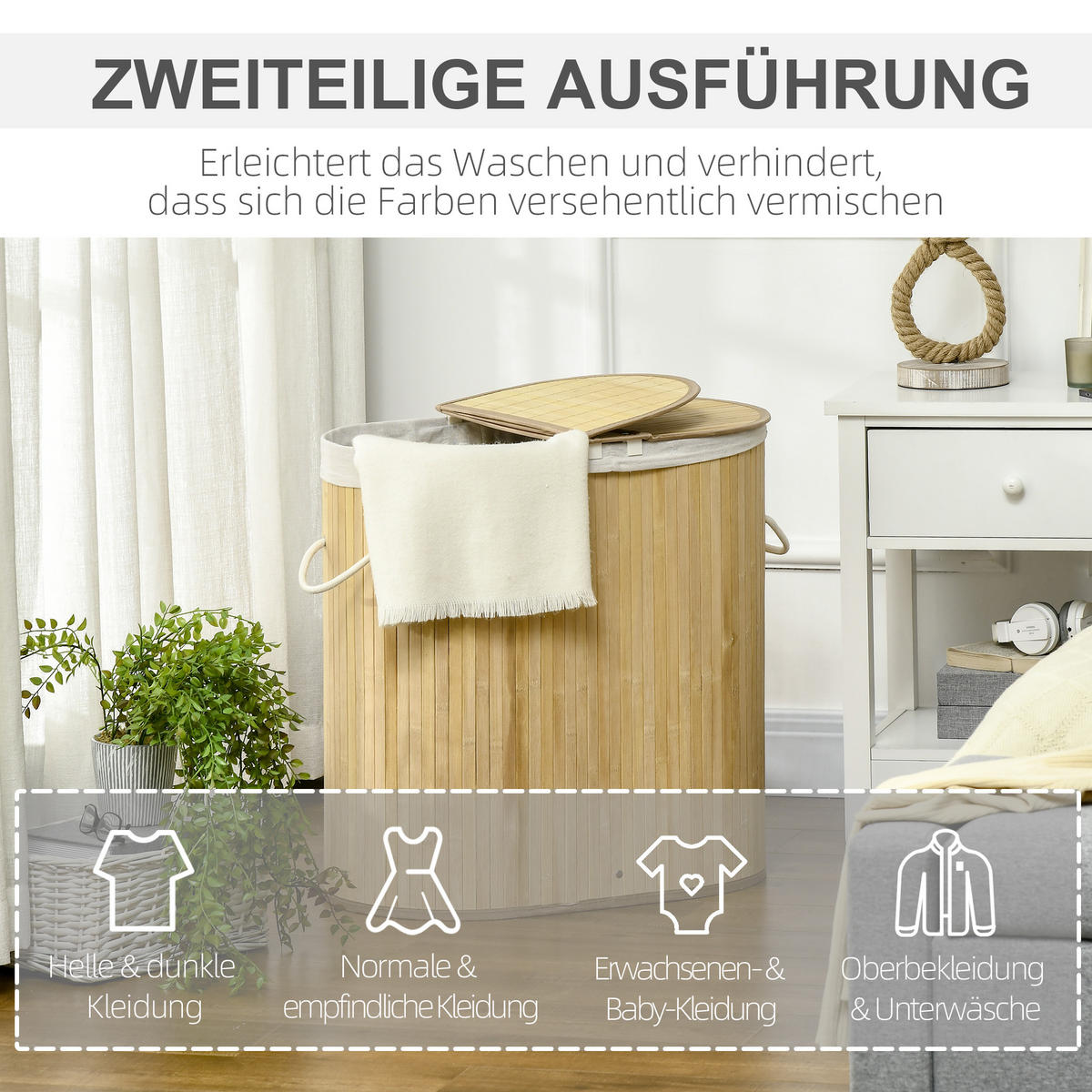 WÄSCHEKORB, Bambus, Polyester, Naturholz - Naturfarben, Naturmaterialien (37/60.5/62.5cm) - HOMCOM