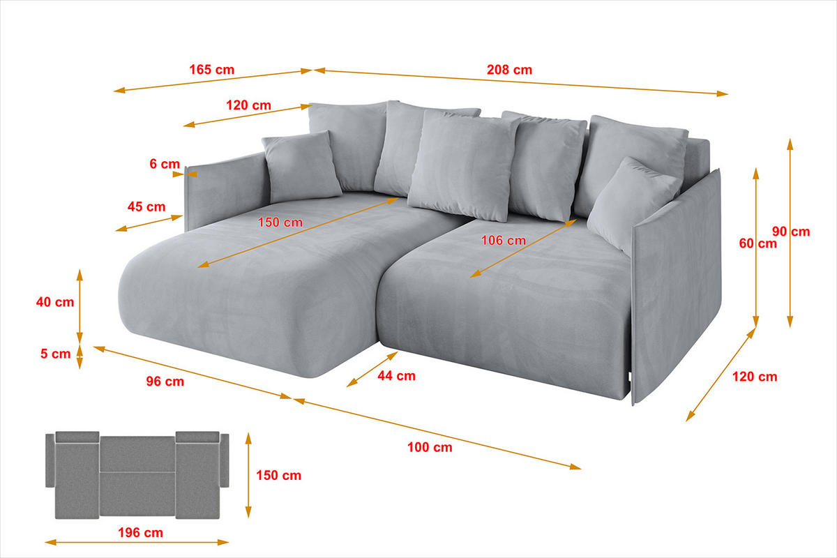 ECKSOFA mit Schlaffunktion und Bettkasten ONESK-L 208x165x40 Hellgrau Velours - Hellgrau, Holzwerkstoff/Kunststoff (208/165cm) - ALTDECOR