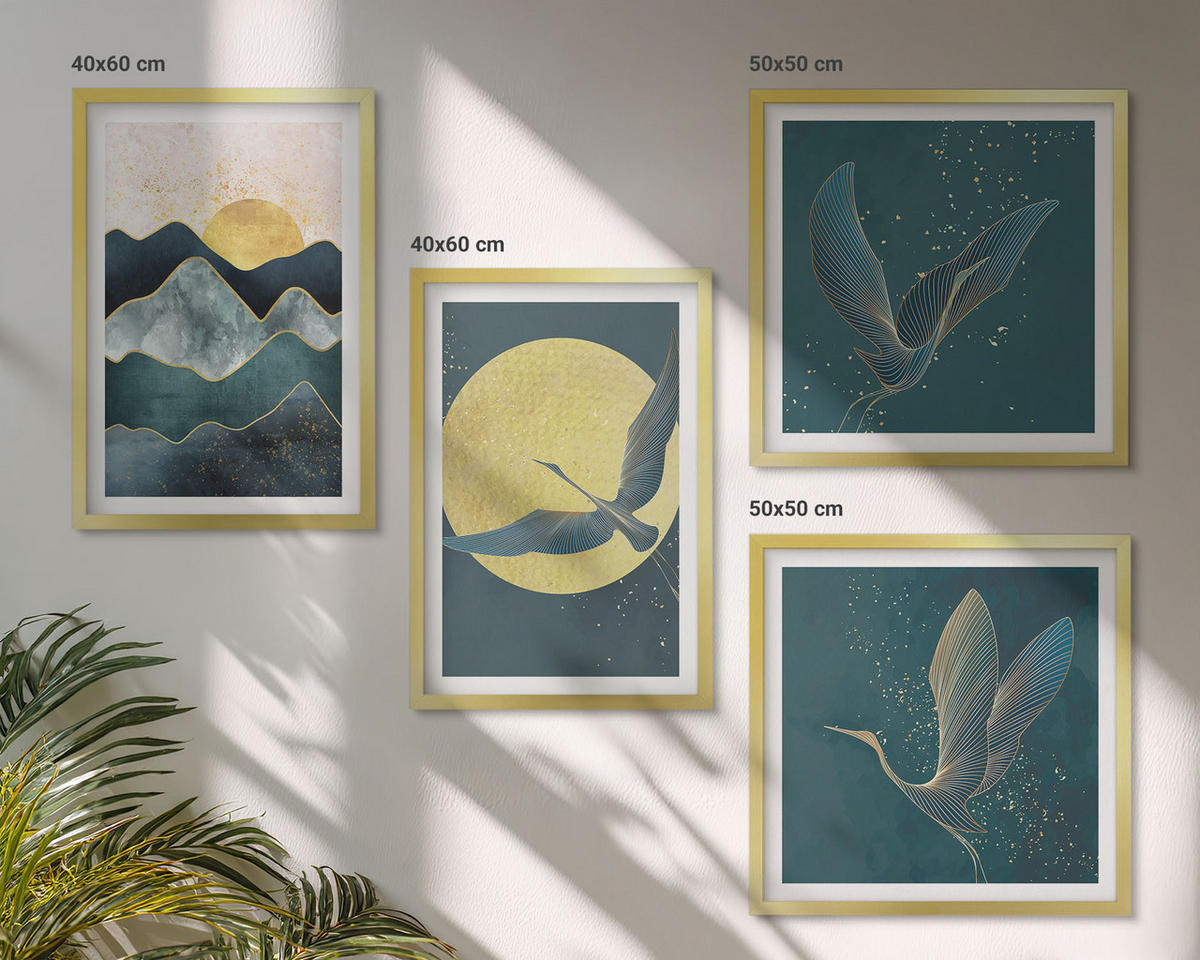 WANDBILDER 4er Set - 50x50 cm & 40x60 cm Goldrahmen - Vögel, Kraniche, Mond, Berge - Goldfarben, Kunststoff (50/50cm) - ArtPrintCave