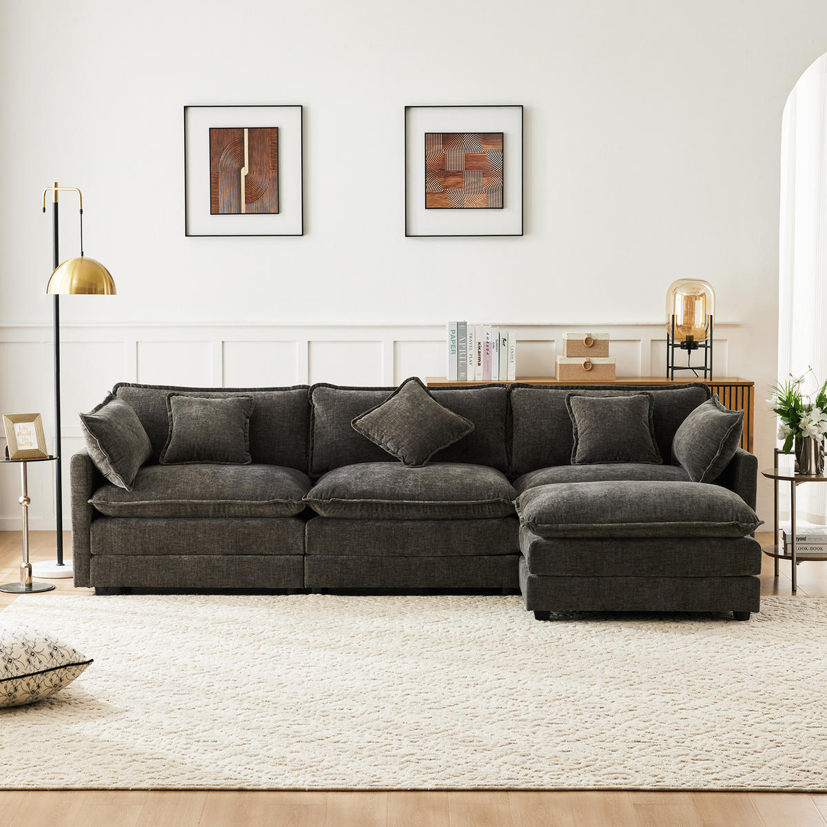 ECKSOFA 283x147x84 cm aus Chenille mit Hocker, dunkelgrau - Dunkelgrau, Textil (147/283cm) - Luhomfu