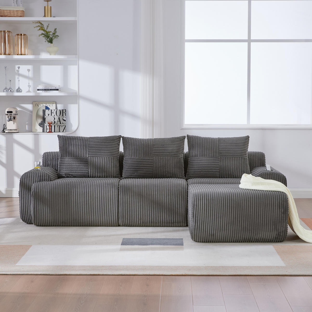 ECKSOFA 268/174/80 cm dunkelgrau aus Cord mit Cupholder - Dunkelgrau, Textil (174/268cm) - OKWISH