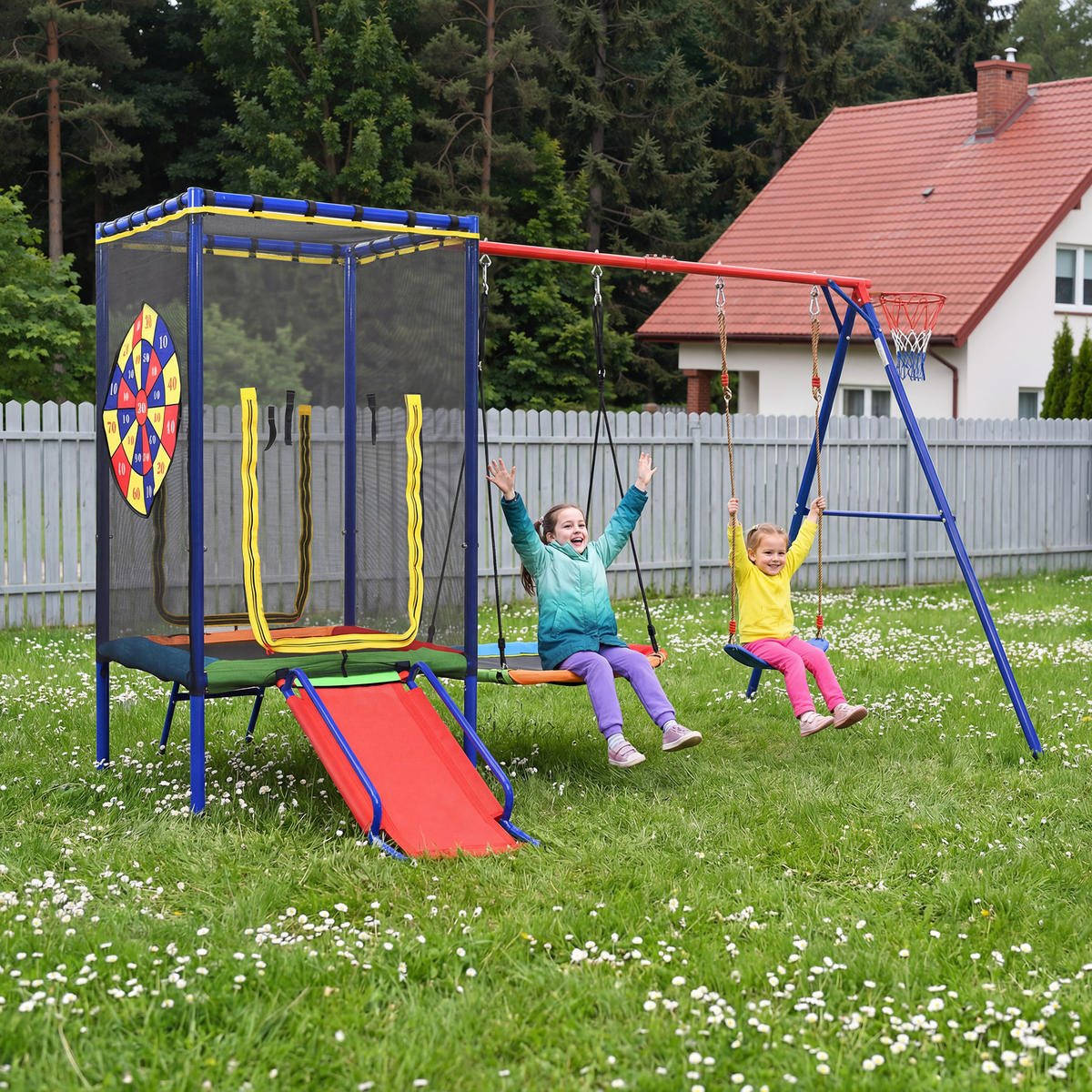 SPIELGERÄT Outdoor Kinder Trampolin Schaukel Rutsche - Multicolor, Metall (336/217cm) - LEBENLANG