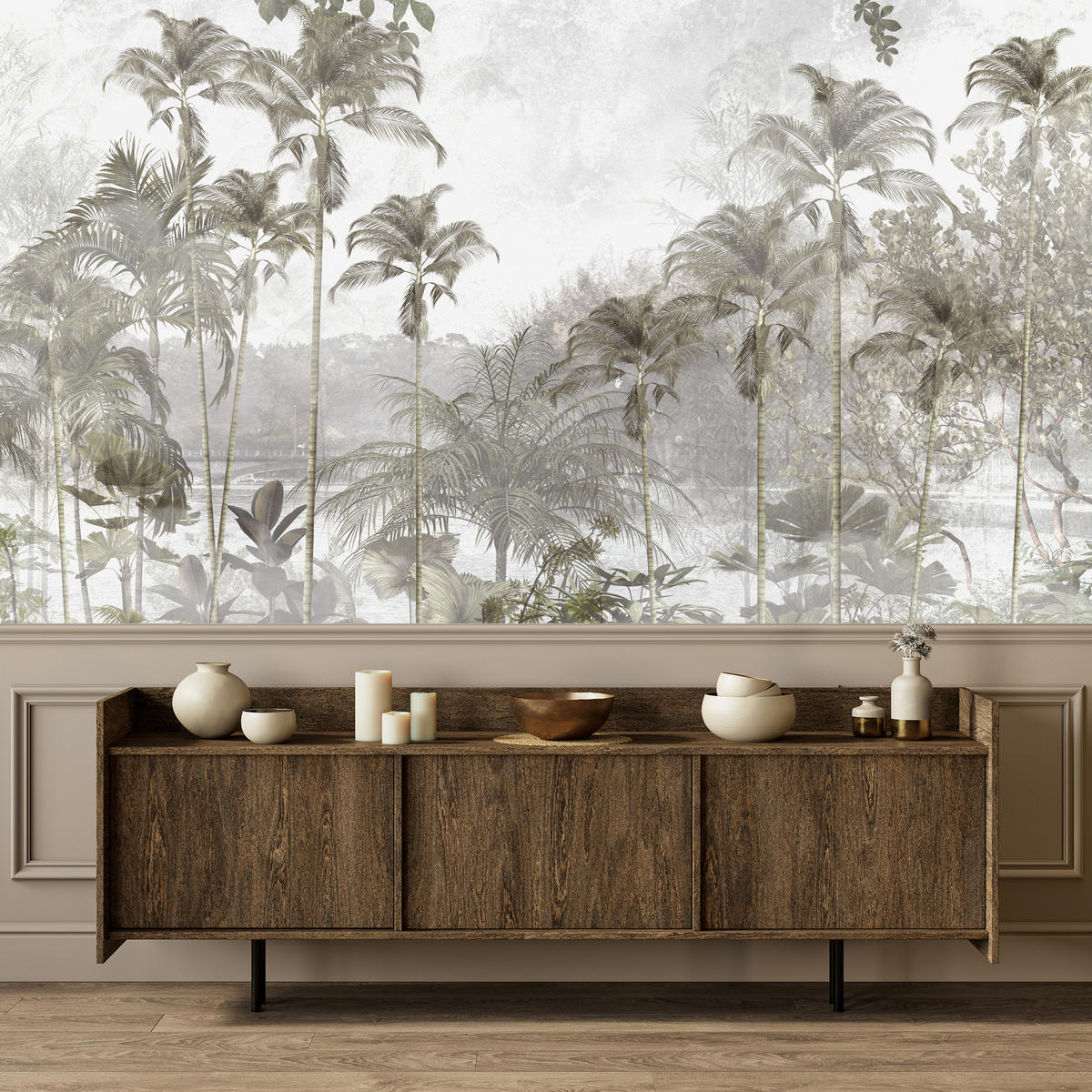 FOTOTAPETE für Wohnzimmer Tropische Bäume Fluss Grau Palmen 400x280 - Beige/Grau, Papier (400/280cm) - Muralo