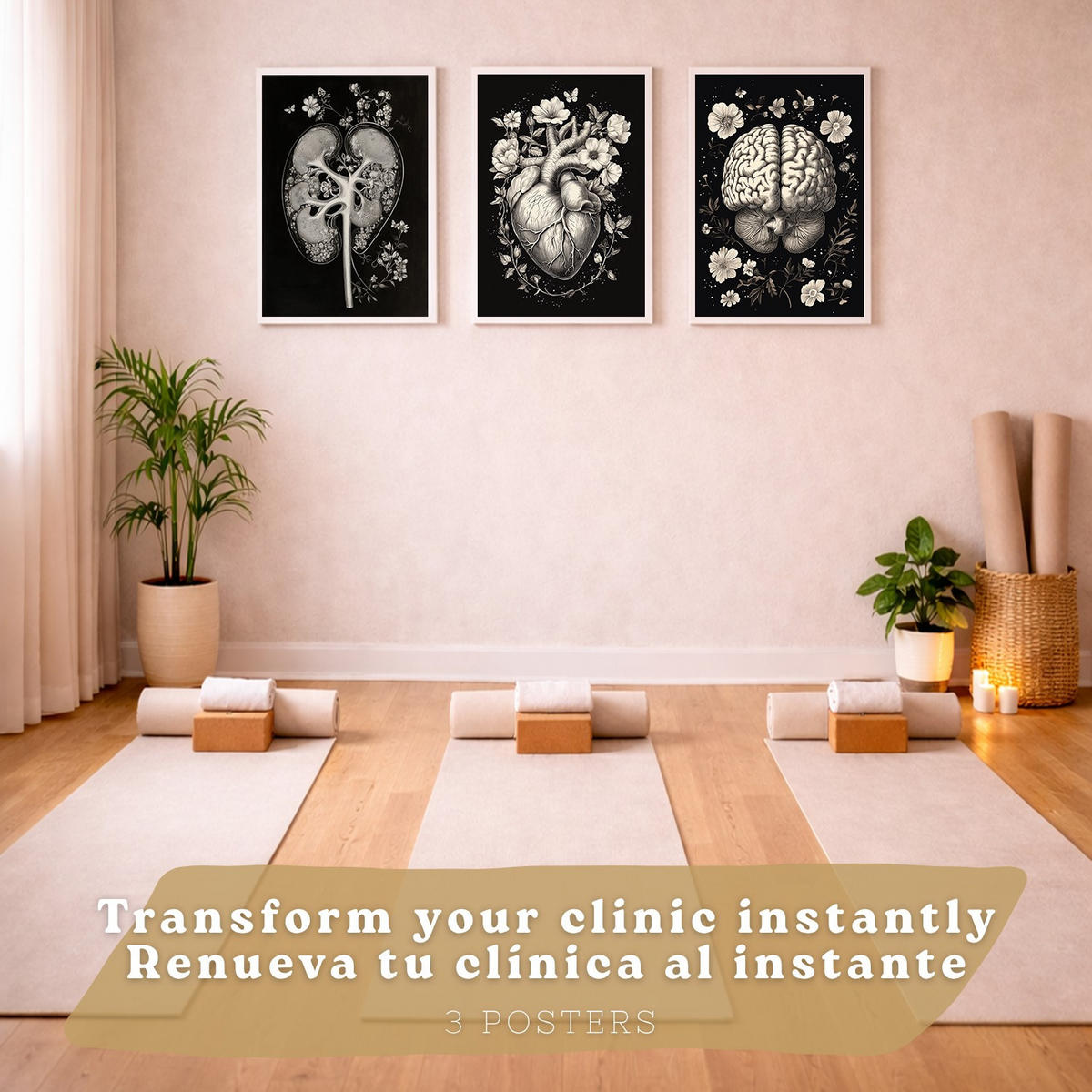 POSTER Set aus 3 Anatomie Mensch Drucke und Wandbilder mit Niere Harnsystem Gehirn und Herz Klassisches Schwarz Weiß Design Größe Weißer Rahmen A3 - Weiß, Papier (29.7/42/3cm) - Nacnic