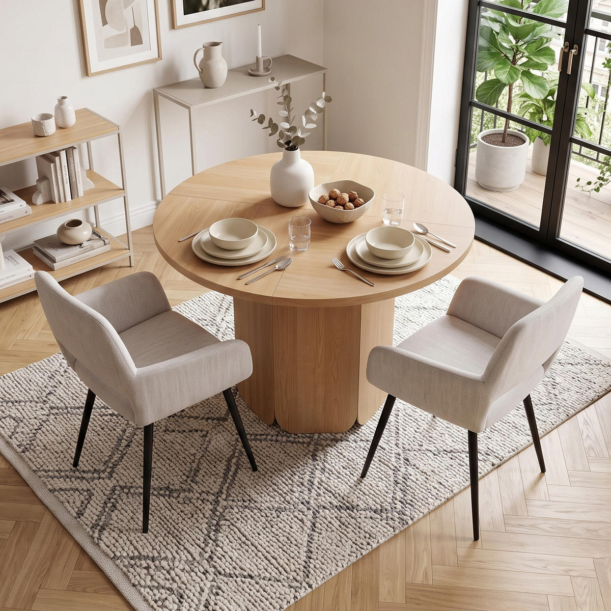 ESSGRUPPE 1+2 Runder Tisch 120cm Eiche & 2 beige Esszimmerstühle mit Armlehnen - Eichefarben, Holzwerkstoff (120/75/120cm) - Urban Meuble