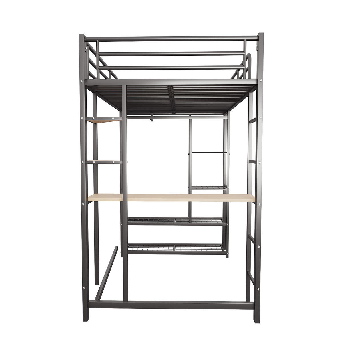 HOCHBETT 90/200 cm mit Leiter, Schreibtisch, Regal und Kleiderstange, Metall/MDF, Schwarz - Schwarz, Metall (90/200cm) - Redom