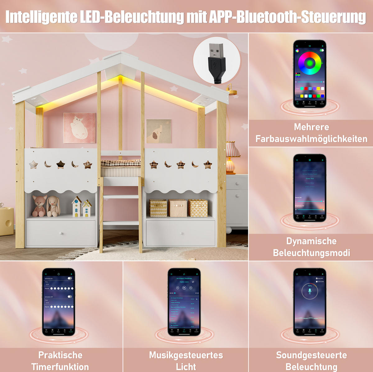 HALBHOHES Kinderbett 90/200 cm aus Kiefernholz mit LED-Beleuchtung, Hausform, 2 Schubladen und Regalen, Weiß/Natur - Weiß, Holz (90/200cm) - Redom