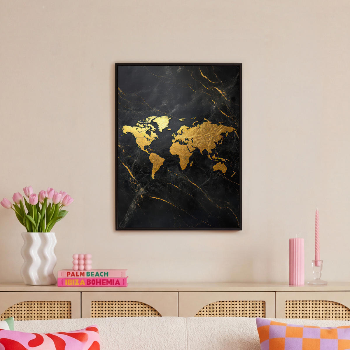 LEINWAND Bilder mit Rahmen - Weltkarte - Gold - Marmor - 60x80 - Goldfarben, Textil (60/80cm) - MuchoWow