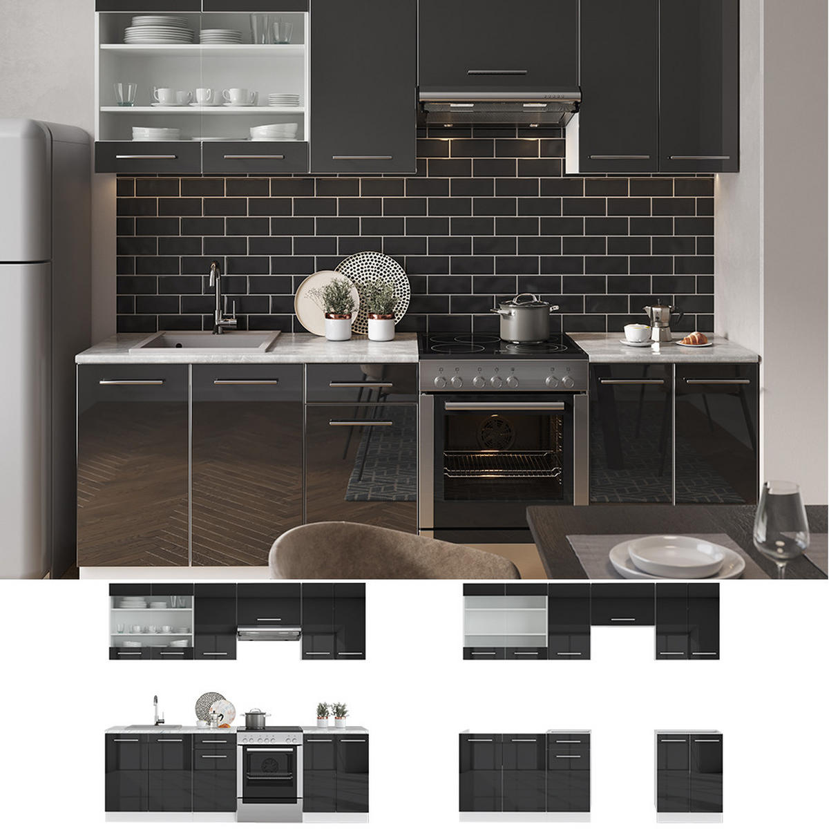KÜCHENZEILE Fame-Line Anthrazit Hochglanz/Weiß 240 cm, AP Anthrazit - Anthrazit/Weiß, Holzwerkstoff (240/81.6/60cm) - Vicco