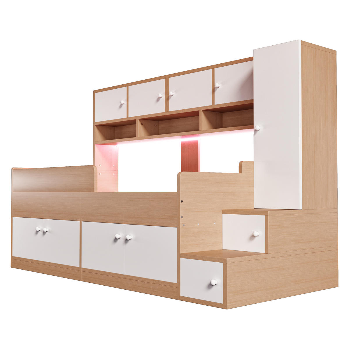 KINDEREINZELBETTEN aus MDF 90x200 cm in Naturholz mit LED-Beleuchtung & Stauraum - Naturfarben, Holzwerkstoff (90/200cm) - Modfu