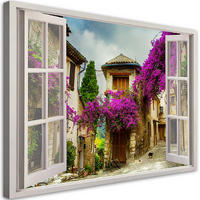 WANDBILD fensterblick blumen auf der straße vintage - Lila, Textil (60/40cm) - Feeby