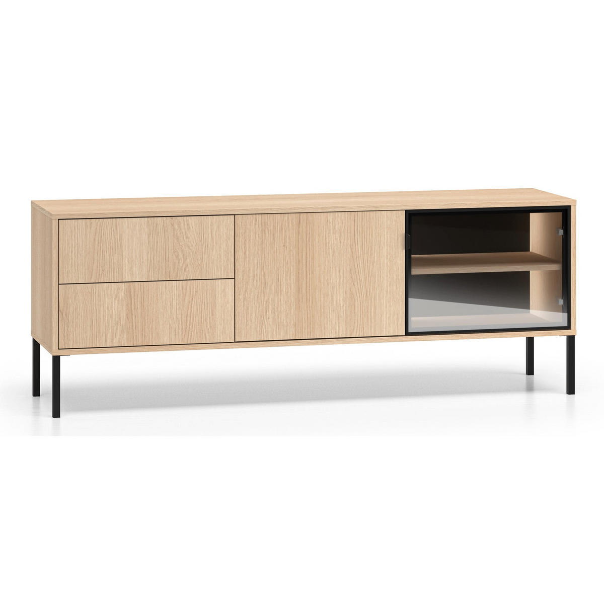 TV-LOWBOARD Barnee mit beleuchteter Glasvitrine, Eichenholzoptik, 160 cm - Beige/Schwarz, Holzwerkstoff/Metall (160/58.9/40cm) - Selsey
