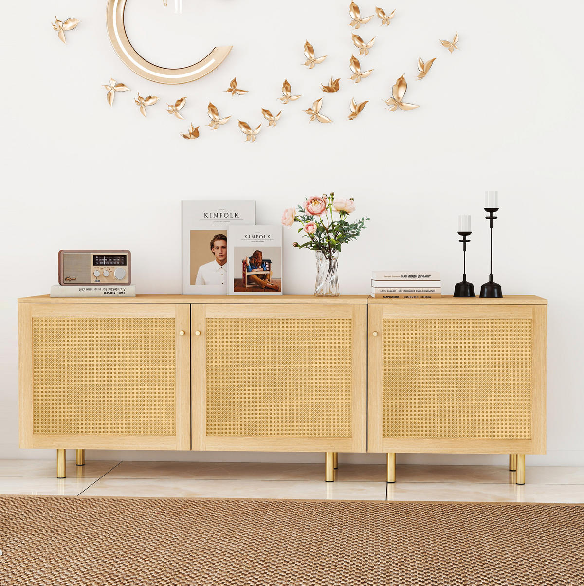 SIDEBOARD 180/40/63 cm aus MDF mit modularem Stauraum und goldfarbenen Griffen, Natur - Naturfarben, Holzwerkstoff (180/63/40cm) - Redom