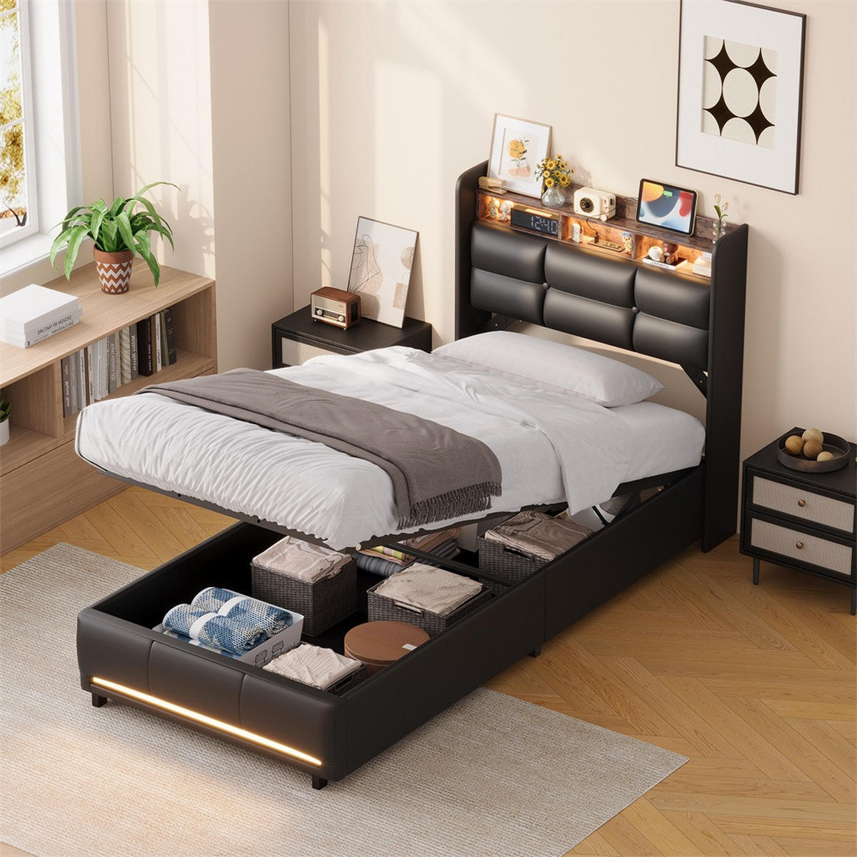 POLSTERBETT 90x200 cm mit hydraulischem Stauraum - mit Stauraum Kopfteil und LED-Beleuchtung - Schwarz - Schwarz, Textil (90/200cm) - DELFA