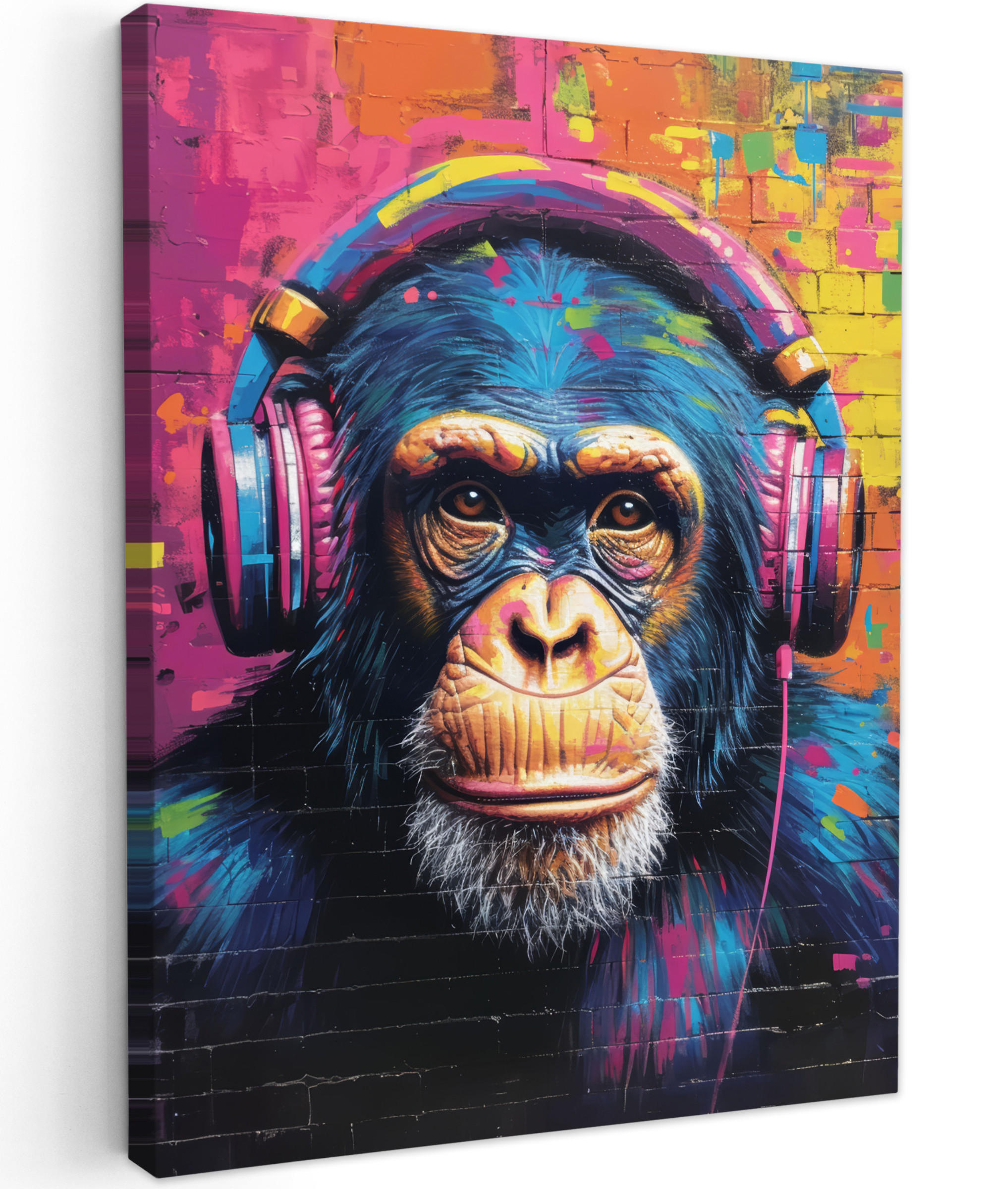 MuchoWow OBRAZ NA PLÁTNĚ Graffiti - Šimpanz - Street art - Sluchátka - Opice 60x80 cm