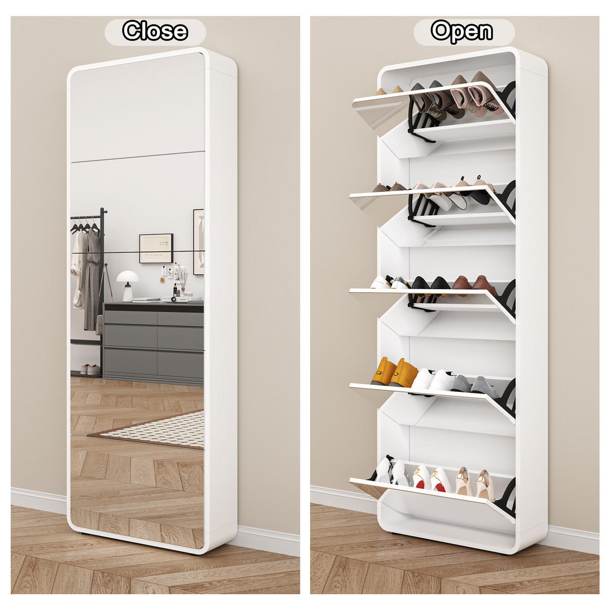 SCHUHSCHRANK aus MDF 176cm in Weiß mit Ganzkörperspiegel - Weiß, Holzwerkstoff (63/176/19.5cm) - Modfu