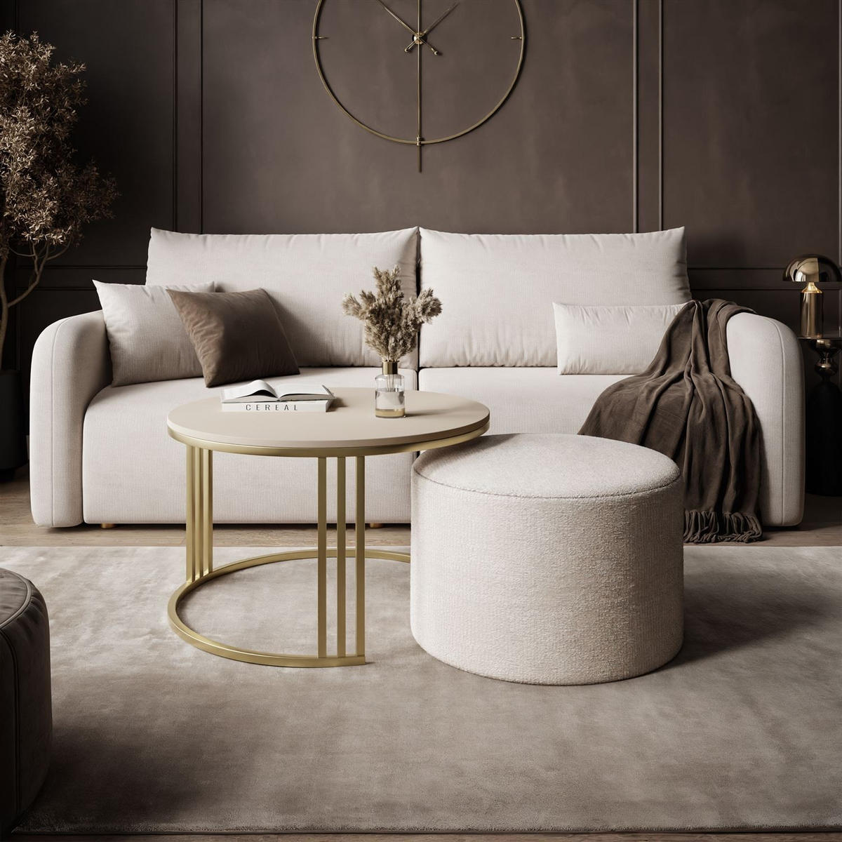 COUCHTISCH mit Hocker LORI MAT gebürstetes Gold/Kaschmir matt/Perfect Harmony 01 - Kaschmir, Metall (70/70/49cm) - Lookway