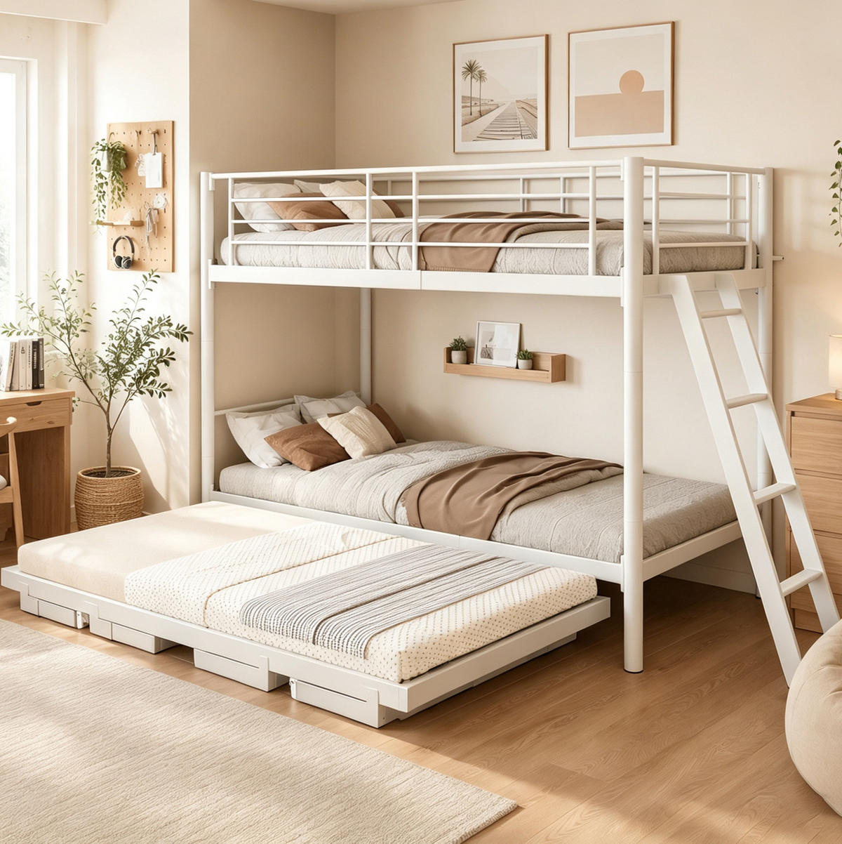 ETAGENBETT aus Metall und Holz 90x200 cm Weiß mit ausziehbarem Unterbett - Weiß, Metall (90/200cm) - Modfu