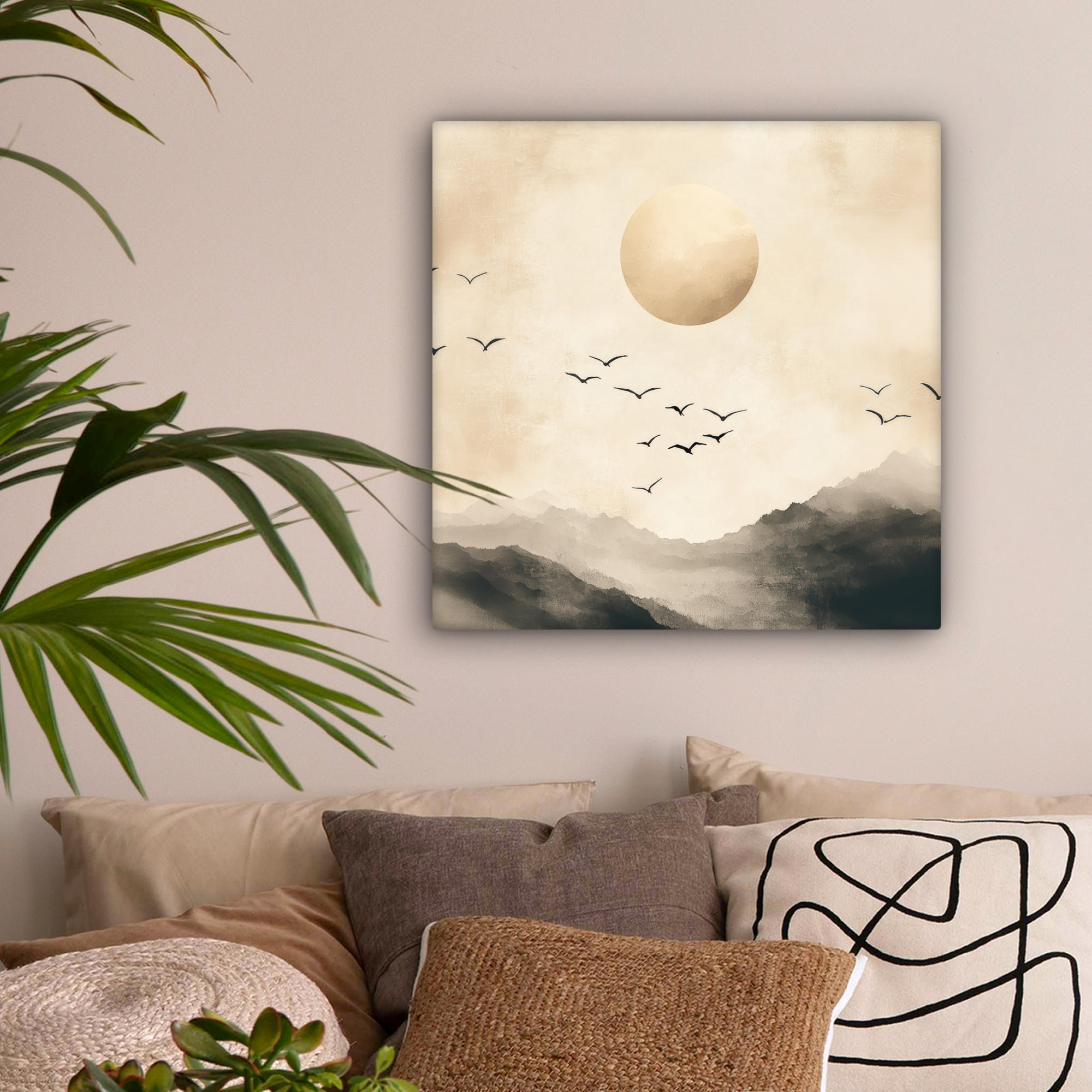 LEINWANDBILD Landschaft - Japandi - Vogel 50x50 cm - Beige, Textil (50/50cm) - MuchoWow