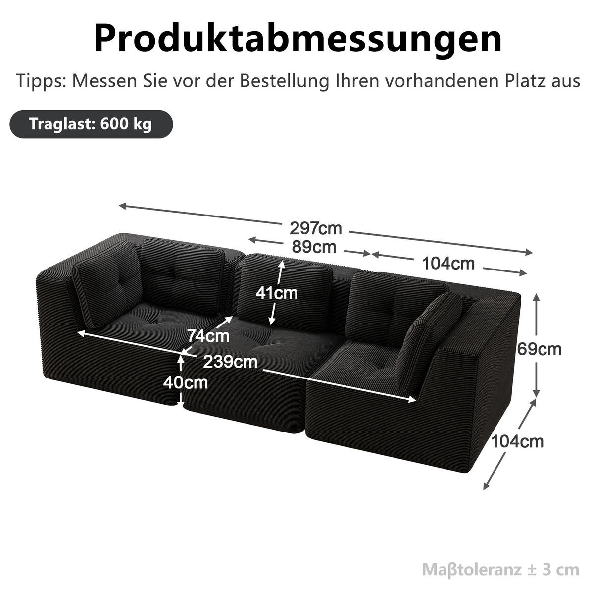 SOFA 297/104/69 cm in Schwarz aus Cord mit modularen Elementen - Schwarz, Textil (104/69/297cm) - Flora Grace